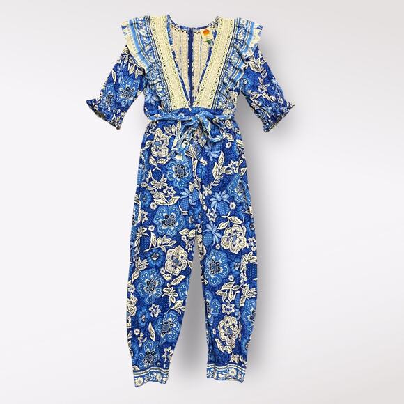 Farm Rio Full of Flowers Jumpsuit‎ Blue Crochet Lace Size M - Picture 1 of 14